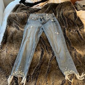 blue jean, pearl bottoms, girlfriend fit jeans